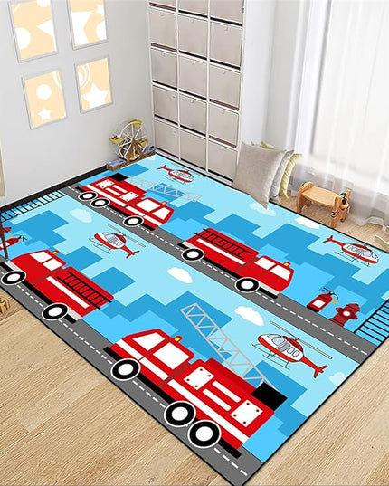 Car Rug Play Mat Car Rug Play Mat Car Rug for Boys Room Fire Fighting Truck Red Car Printed Rug Play Rug for Cars and Trucks Play Rugs for Kids Rooms,Light Blue 3'×5' - LeafyLoom