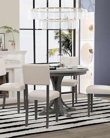 5-Piece Retro Round Dining Table Set with Curved Trestle Style Legs and 4 Upholstered Chairs for Kitchen, Breakfast Nook, Living Room, 44-inch, Dark Gray, 44" L x 44" W x 30.2" H - LeafyLoom