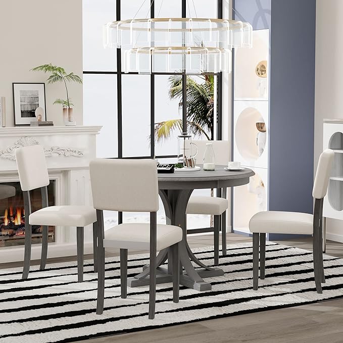 5-Piece Dining, Retro Round Kitchen Table Set with Curved Trestle Style Legs and 4 Upholstered Chairs for Diningroom, Dark Gray, 1 - LeafyLoom
