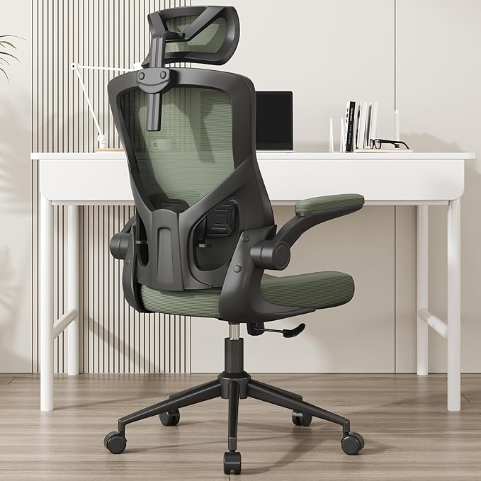 𝑯𝑶𝑴𝑬 𝑶𝑭𝑭𝑰𝑪𝑬 𝑪𝑯𝑨𝑰𝑹, Ergonomic Mesh Desk Chair, High Back Computer Chair- Adjustable Headrest with Flip-Up Arms, Lumbar Support, Swivel Executive Task Chair (Hunter Green, Modern) - LeafyLoom
