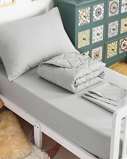 NTBAY Toddler Bedding Set - 4 Piece Soft and Breathable Crib Bedding Set for Boys and Girls, Includes Quilted Comforter, Fitted Sheet, Flat Top Sheet and Envelope Pillowcase, Light Grey - LeafyLoom