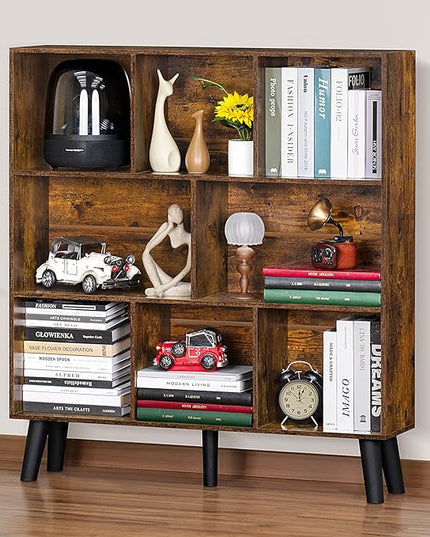 LEYAOYAO 8 Cube Bookshelf,3 Tier Bookcase with Legs,Rustic Brown Mid-Century Modern Bookshelves,Large Open Storage Organizer Shelf, Wooden Book Case - LeafyLoom