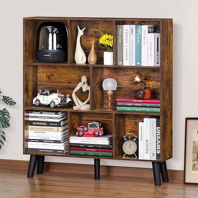 LEYAOYAO 8 Cube Bookshelf,3 Tier Bookcase with Legs,Rustic Brown Mid-Century Modern Bookshelves,Large Open Storage Organizer Shelf, Wooden Book Case - LeafyLoom