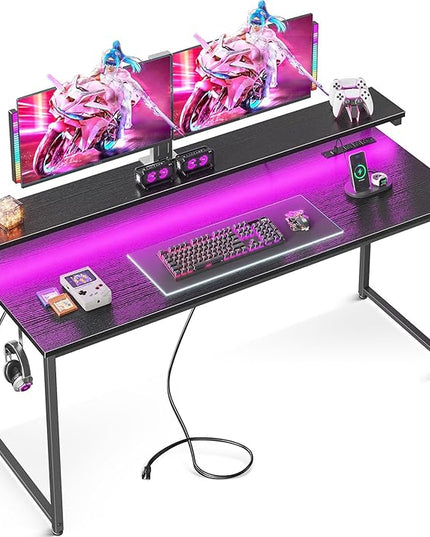AODK Computer Desk, 55 Inch Gaming Desk with LED Lights and Power Outlet, Office Desk with Adjustable Monitor Shelf (3 Heights), Computer Table Work Desk for Home/Bedroom, Black - LeafyLoom