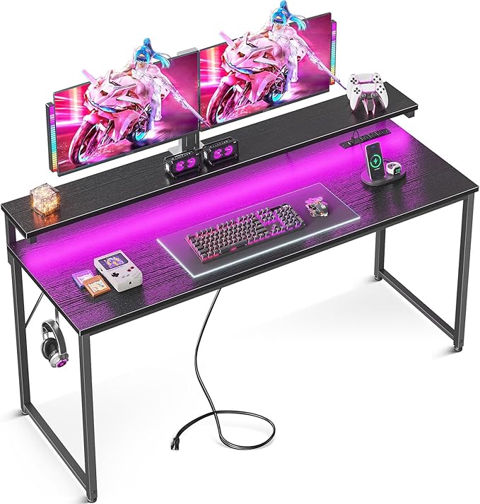 AODK Computer Desk, 55 Inch Gaming Desk with LED Lights and Power Outlet, Office Desk with Adjustable Monitor Shelf (3 Heights), Computer Table Work Desk for Home/Bedroom, Black - LeafyLoom