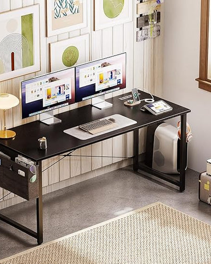 AODK 55 inch Small Computer Desk with Power Outlet for Small Spaces Home Office Student Laptop PC Writing Desks with Storage Bag Headphone Hook, Black - LeafyLoom