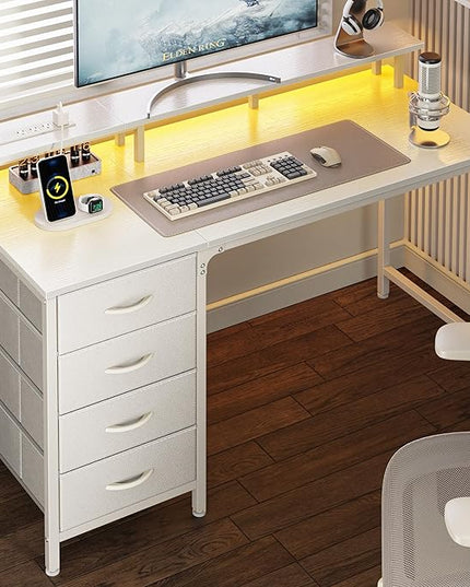 47 Inch Computer Desk with Power Outlets and LED Lights, Gaming Desk with 4 Drawers, Office Desk with Monitor Stand, Study Desk Work Desk for Home Office, Small Spaces, White - LeafyLoom