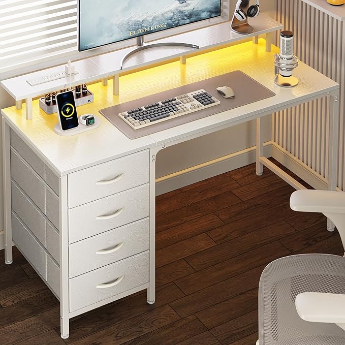 47 Inch Computer Desk with Power Outlets and LED Lights, Gaming Desk with 4 Drawers, Office Desk with Monitor Stand, Study Desk Work Desk for Home Office, Small Spaces, White - LeafyLoom