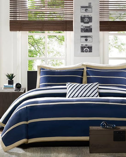 Mi Zone Ashton Duvet Modern Casual Vibrant Colorblock Design, All Season Comforter Cover Teen Bedding, Boys Bedroom Décor, King/Cal King, Khaki/Navy 4 Piece - LeafyLoom