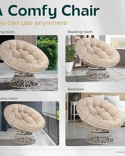 Bme 40" Ergonomic Wicker Papasan Chair with Soft Thick Density Fabric Cushion, High Capacity Steel Frame, 360 Degree Swivel for Living, Bedroom, Reading Room, Lounge - LeafyLoom