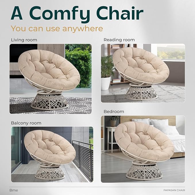 Bme 40" Ergonomic Wicker Papasan Chair with Soft Thick Density Fabric Cushion, High Capacity Steel Frame, 360 Degree Swivel for Living, Bedroom, Reading Room, Lounge - LeafyLoom