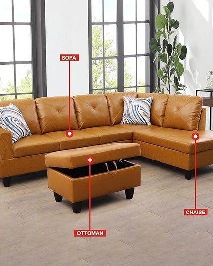 L-Shaped Sectional Couches with 66.5'' Chaise Lounge & Storage Ottoman Modular Room Sofas for Home Office Apartment, Large Living Furniture, 97'' Right Hand Facing, Ginger Faux Leather - LeafyLoom