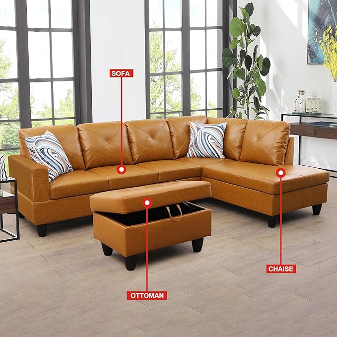L-Shaped Sectional Couches with 66.5'' Chaise Lounge & Storage Ottoman Modular Room Sofas for Home Office Apartment, Large Living Furniture, 97'' Right Hand Facing, Ginger Faux Leather - LeafyLoom