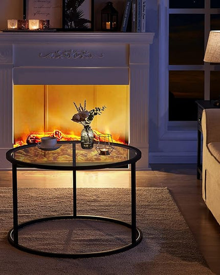 SAYGOER Round Coffee table Glass Coffee Tables for Small Space Simple Modern Center Table for Living Room Home Office, Sofa Side Table with Metal Steel Frame, Easy Assembly, Gray Black - LeafyLoom