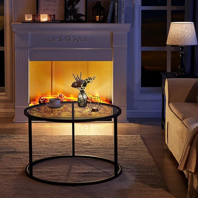 SAYGOER Round Coffee table Glass Coffee Tables for Small Space Simple Modern Center Table for Living Room Home Office, Sofa Side Table with Metal Steel Frame, Easy Assembly, Gray Black - LeafyLoom