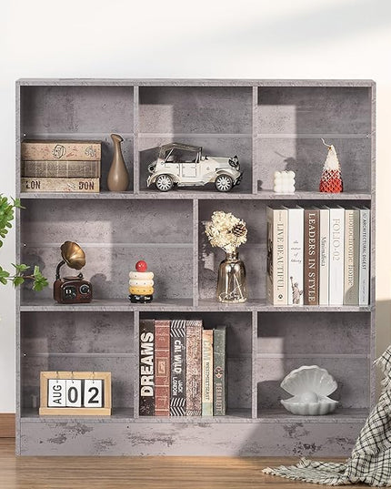 LEYAOYAO 8 Cube Bookshelf with Base,3 Tier Mid-Century Modern Grey Bookcase,Standing Wide Bookshelves Storage Organizer Shelf,Rustic Wood Display Cabinet Book Shelves for Bedroom,Living Room,Office - LeafyLoom