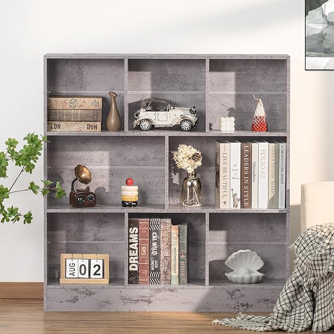 LEYAOYAO 8 Cube Bookshelf with Base,3 Tier Mid-Century Modern Grey Bookcase,Standing Wide Bookshelves Storage Organizer Shelf,Rustic Wood Display Cabinet Book Shelves for Bedroom,Living Room,Office - LeafyLoom