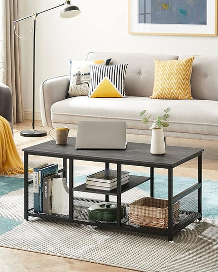 VECELO Coffee Center Table with Storage for Living Room Office Reception, Modern & Industrial Mesh Shelf, 39.4 Inch, Charcoal Gray - LeafyLoom