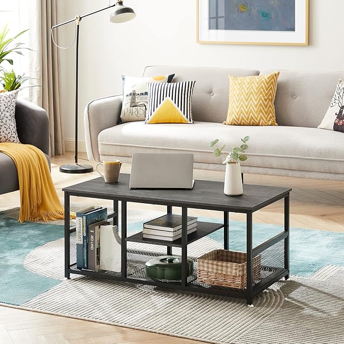 VECELO Coffee Center Table with Storage for Living Room Office Reception, Modern & Industrial Mesh Shelf, 39.4 Inch, Charcoal Gray - LeafyLoom
