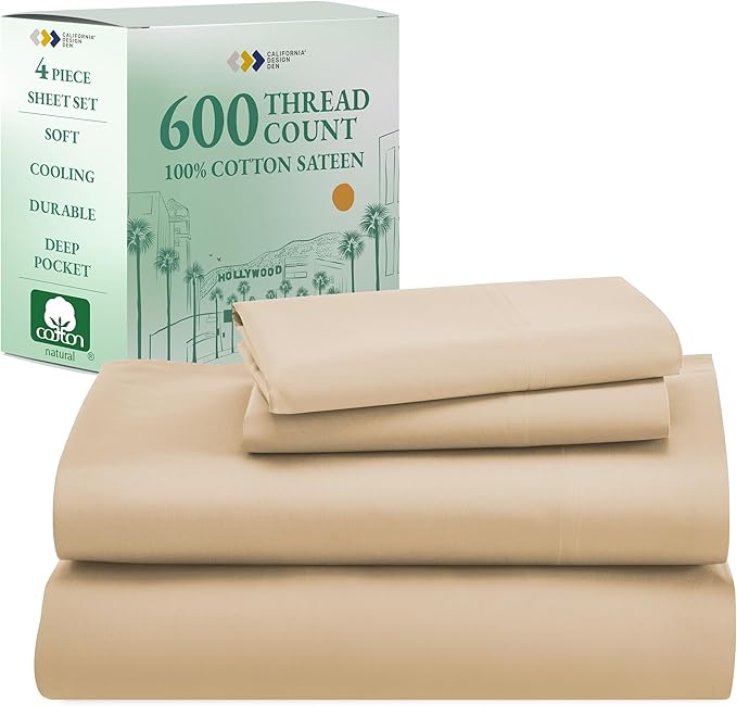California Design Den 100% Cotton Full Sheet Set, 600 Thread Count Sateen, Soft, Cooling Bed Sheet with Deep Pockets, Hotel-Quality Bedding Sheets & Pillowcases - Beige - LeafyLoom