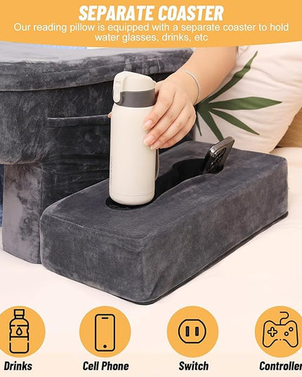 Reading Pillow & Gaming Pillow for Lap, Lap Desk Pillow for Gaming with Coaster, Soft Arm Rest Pillow for Adult, Memory Foam Bed Rest Pillows for Reading, Working, Sitting in Bed Floor Sofa, Grey - LeafyLoom