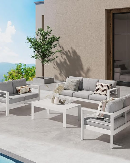 Wisteria Lane Aluminum Outdoor Patio Furniture Set, Modern Patio Conversation Sets, Outdoor Sectional Metal Sofa with 5 Inch Cushion and Coffee Table for Balcony, Garden, Light Grey - LeafyLoom