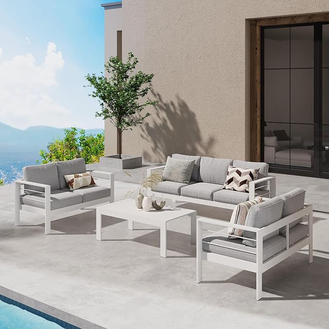 Wisteria Lane Aluminum Outdoor Patio Furniture Set, Modern Patio Conversation Sets, Outdoor Sectional Metal Sofa with 5 Inch Cushion and Coffee Table for Balcony, Garden, Light Grey - LeafyLoom
