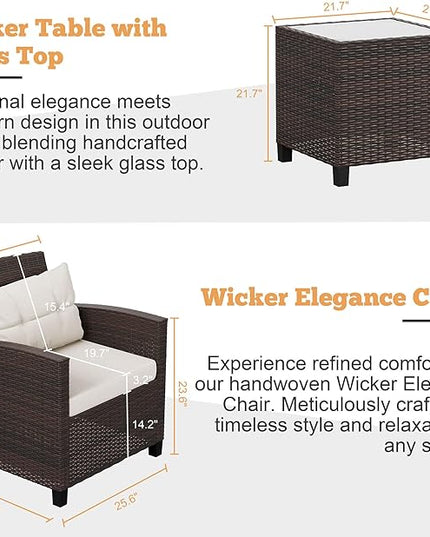 Shintenchi 3 Pieces Patio Furniture Set 3 Pieces PE Rattan Wicker Chairs with Table Outdoor Furniture for Backyard/Garden/Poolside/Outdoor Restaurant Brown Rattan with White Cushion - LeafyLoom