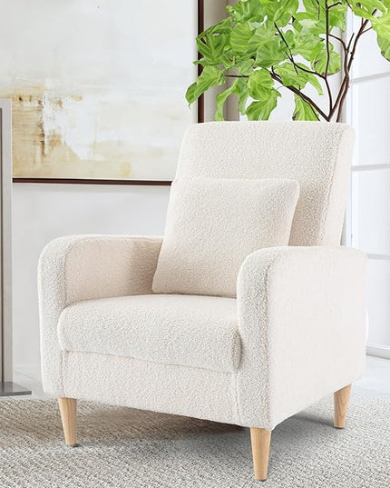 COLAMY Sherpa Upholstered Accent Chair Armchair with Pillow, Fabric Reading Living Room Side Chair,Single Sofa with Lounge Seat and Wood Legs, Cream - LeafyLoom