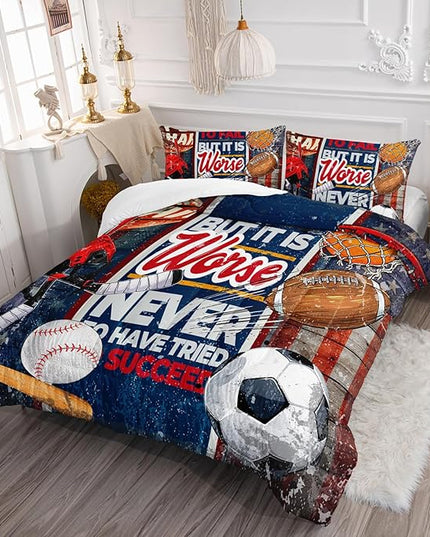 Axolotl Sports Comforter Set Full Size,Sports Theme Comforter Set Football Baseball Bedding Set,Sports Bedding Set 3D Soccer Comforter Set Basketball Bedding for Kids Boys Teens,1 Quilt 2 Pillowcases - LeafyLoom