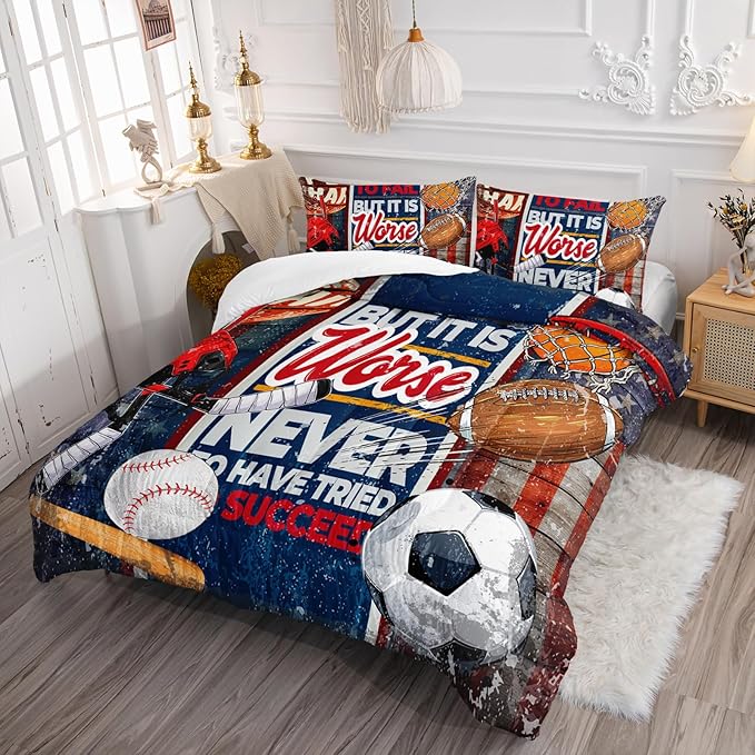 Axolotl Sports Comforter Set Twin Size,Sports Theme Comforter Set Baseball Football Bedding Set,Sports Bedding Set 3D Soccer Comforter Set Basketball Bedding for Boys Teens Men,1 Quilt 2 Pillowcases - LeafyLoom