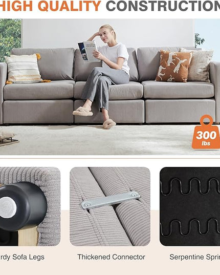Sweetcrispy Convertible Modular Sectional Sofa, 3 Seat Sectional Couches for Living Room, Basic Shape Modern Fabric Modular Sofa Sleeper with Double Chaise for Home, Apartment, Dorm, Grey - LeafyLoom