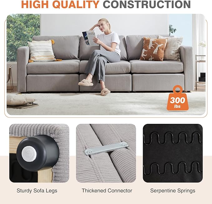 Sweetcrispy Convertible Modular Sectional Sofa, 3 Seat Sectional Couches for Living Room, Basic Shape Modern Fabric Modular Sofa Sleeper with Double Chaise for Home, Apartment, Dorm, Grey - LeafyLoom