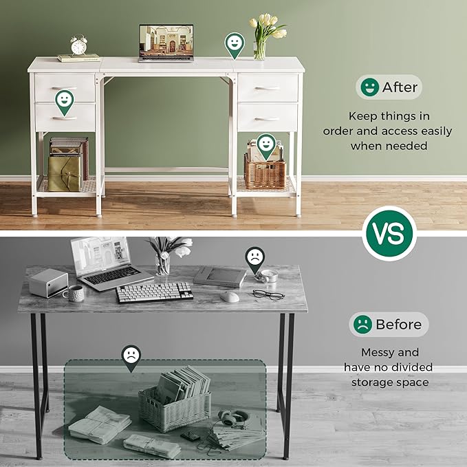 55 Inch Computer Desk with 4 Drawers, Office Desk with Mesh Shelf, Gaming Desk, Large Storage, Writing Desk Work Desk for Home Office, Study, Bedroom, Work from Home, White - LeafyLoom