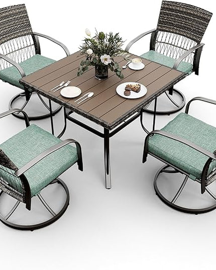 Pamapic 5 Piece Patio Dining Set for 4,Wicker Outdoor Furniture Set for Backyard Garden Deck Poolside with Square Plastic-Wood Table Top,4 Cushions Swivel Rocker Chairs,Removable Cushions(Green) - LeafyLoom