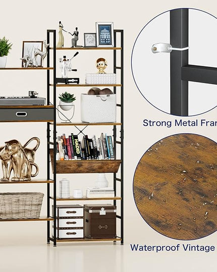 NUMENN Triple Wide 6 Tier Bookshelf, Adjustable Rustic Industrial Style Book Shelves, Modern Bookcases and Bookshelves Furniture for Bedroom, Living Room and Home Office, Vintage Brown - LeafyLoom