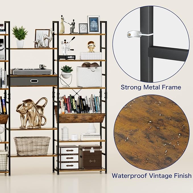 NUMENN Triple Wide 6 Tier Bookshelf, Adjustable Rustic Industrial Style Book Shelves, Modern Bookcases and Bookshelves Furniture for Bedroom, Living Room and Home Office, Vintage Brown - LeafyLoom