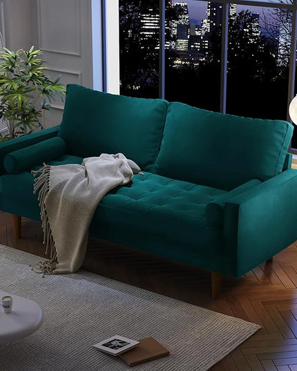 Velvet Furniture for Small Spaces, Mid-Century Modern Loveseats for Living Room, Love Seat Couch Sofas, 70 Inches, Teal Blue - LeafyLoom