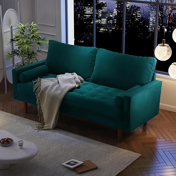 Velvet Furniture for Small Spaces, Mid-Century Modern Loveseats for Living Room, Love Seat Couch Sofas, 70 Inches, Teal Blue - LeafyLoom