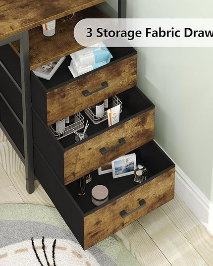 L Shaped Desk with 3 Drawer & 3 Open Shelf, Computer Desk with LED Lights & Power Outlets, Home Office Desk with Reversible Storage Shelves & Monitor Stand, Corner Desk for Small Space - LeafyLoom