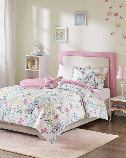 Mi Zone Kids Cynthia Comforter for Girls Microfiber Animal Butterfly Print, Modern All Season Down Alternative Kids Bed Set, Matching Sham, Decorative Pillow, Full/Queen, Pink 4 Piece - LeafyLoom