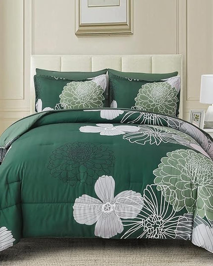 Yiran 7 Pieces King Size Comforter Set,Dark Green Floral Bed in a Bag Comforter and Sheet Set, Soft Microfiber Lightweight Bedding Set for All Season 103"×90" - LeafyLoom