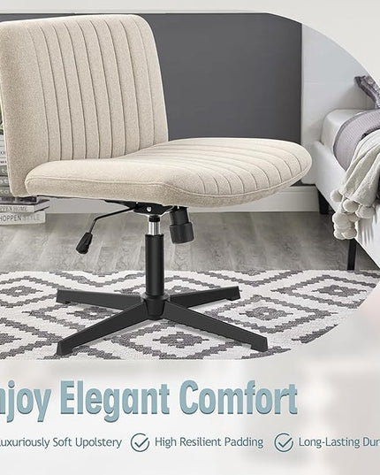 Armless Office Chair no Wheels, Ergonomic Wide Seat Swivel Desk Chair, Height Adjustable Cross Legged Comfortable Computer Chair for Living Room, Vanity Accent Chair Beige - LeafyLoom