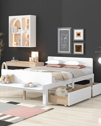 Dolonm Full Bed Frames for Kids with 2 Drawers, Storage Platform Bed with Footboard Bench, Twin Kids Bed Headboard Frame Pine Wood, High Stable, No Box Spring Needed, Twin Bed for Kids, White - LeafyLoom