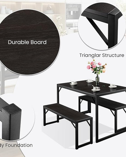 SHA CERLIN Dining Table Set with Two Benches, Rustic Kitchen Table Set for 4 people, Space-Saving Dinette, Heavy Duty Sturdy Structure, Easy Assemble, Black/Black - LeafyLoom