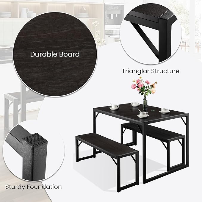 SHA CERLIN Dining Table Set with Two Benches, Rustic Kitchen Table Set for 4 people, Space-Saving Dinette, Heavy Duty Sturdy Structure, Easy Assemble, Black/Black - LeafyLoom
