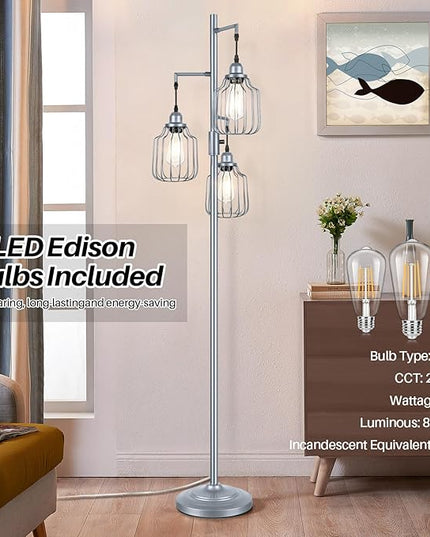 Floor Lamp with 3 LED Edsion Bulbs, Farmhouse Tall Standing Lamp for Living Room, Dimmable Industrial Rustic Grey Tree Bright Vintage Pole Light with Cage Shades for Bedroom Home Decor - LeafyLoom