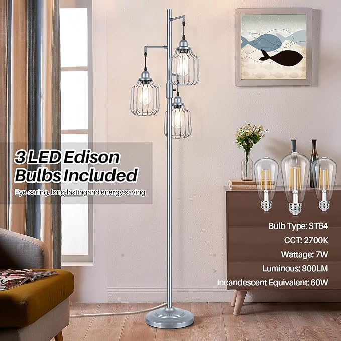 Floor Lamp with 3 LED Edsion Bulbs, Farmhouse Tall Standing Lamp for Living Room, Dimmable Industrial Rustic Grey Tree Bright Vintage Pole Light with Cage Shades for Bedroom Home Decor - LeafyLoom