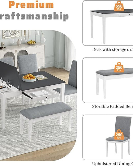 Dining Table Set for 6 with Drawer, Kitchen Table Set with Storage Table, Dining Room Table Set with Storable Bench and Upholstered Chairs for Living Room, Gray+White - LeafyLoom