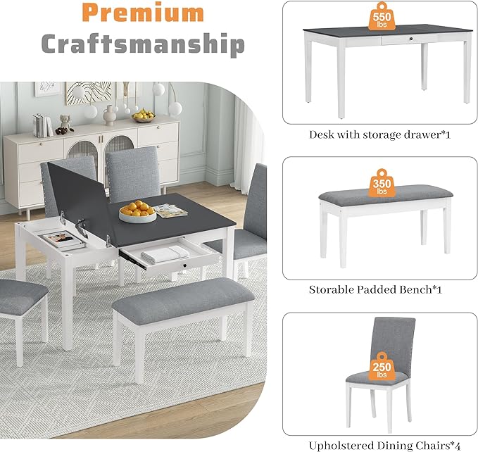 Dining Table Set for 6 with Drawer, Kitchen Table Set with Storage Table, Dining Room Table Set with Storable Bench and Upholstered Chairs for Living Room, Gray+White - LeafyLoom
